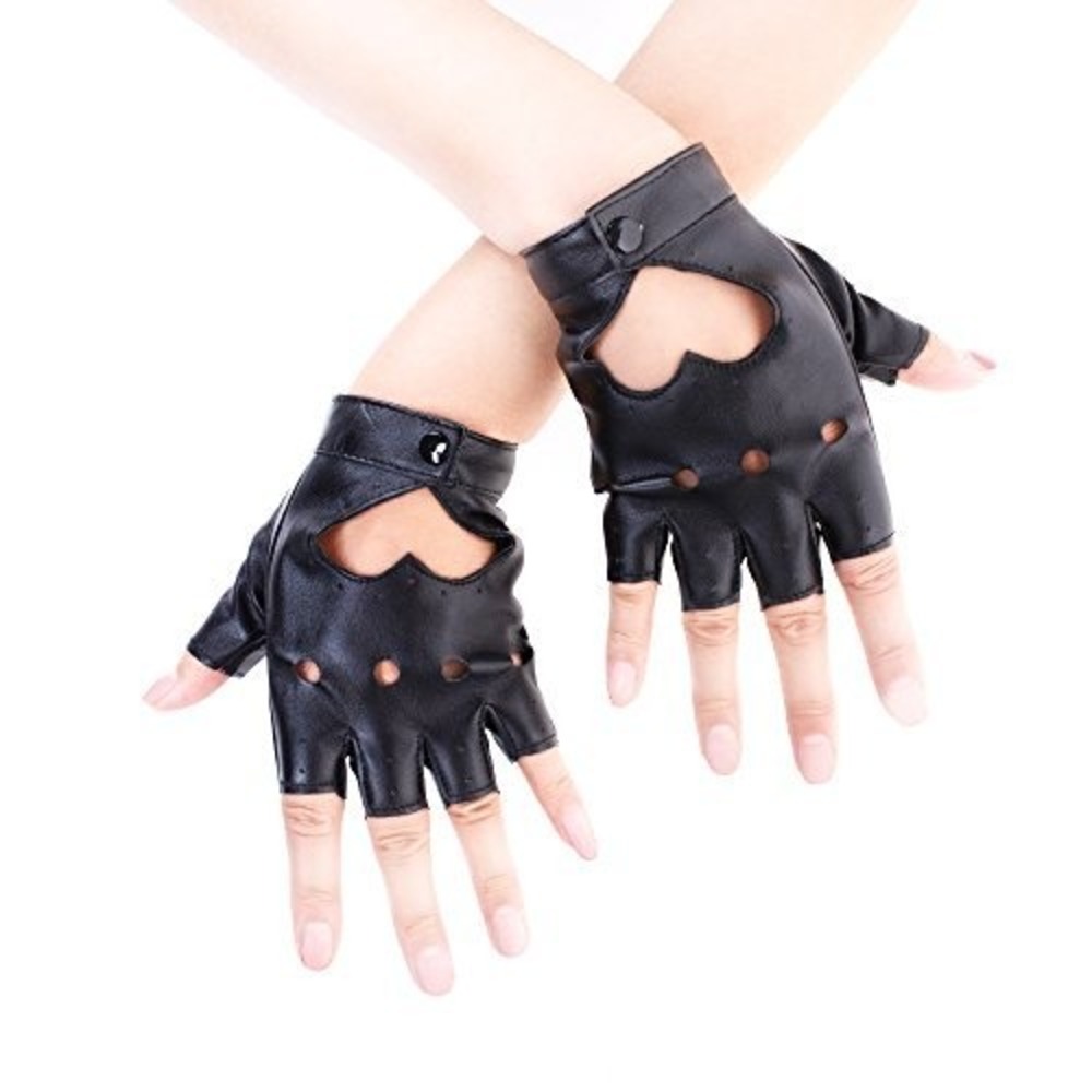 Black Faux Leather Fingerless Heart Cutout Punk Biker Gloves Snap Closure